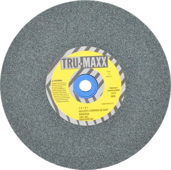 Tru-Maxx - 60 Grit Silicon Carbide Bench & Pedestal Grinding Wheel - 7" Diam x 1" Hole x 1" Thick, 3600 Max RPM, K Hardness, Medium Grade , Vitrified Bond - Exact Tooling