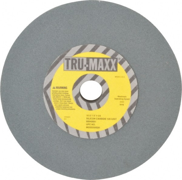 Tru-Maxx - 120 Grit Silicon Carbide Bench & Pedestal Grinding Wheel - 10" Diam x 1-1/4" Hole x 1" Thick, 3250 Max RPM, K Hardness, Fine Grade , Vitrified Bond - Exact Tooling