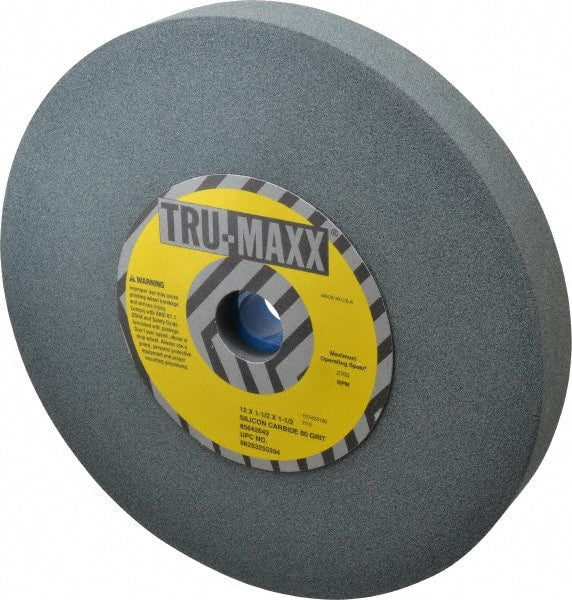 Tru-Maxx - 80 Grit Silicon Carbide Bench & Pedestal Grinding Wheel - 12" Diam x 1-1/2" Hole x 1-1/2" Thick, 2705 Max RPM, K Hardness, Medium Grade , Vitrified Bond - Exact Tooling