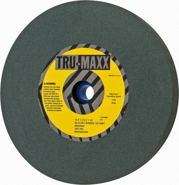 Tru-Maxx - 120 Grit Silicon Carbide Bench & Pedestal Grinding Wheel - 12" Diam x 1-1/2" Hole x 1-1/2" Thick, 2705 Max RPM, K Hardness, Fine Grade , Vitrified Bond - Exact Tooling