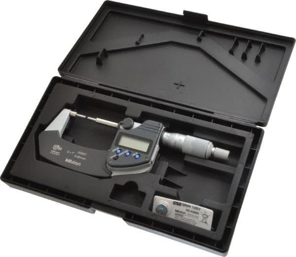 Mitutoyo - 1 Inch, 1.2598 Inch Throat Depth, Electronic Spline Micrometer - Accurate Up to 0.0001 Inch, 1/4 Inch Spindle Diameter, 0.18mm Head Diameter, Ratchet Stop Thimble, Data Output - Exact Tooling