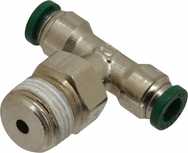 Parker - 1/4" Outside Diam, 3/8 NPTF, Nickel Plated Brass Push-to-Connect Tube Male Swivel Branch Tee - 300 Max psi, Tube to Male NPT Connection, Buna-N O-Ring - Exact Tooling