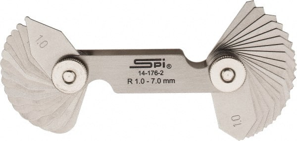SPI - 34 Piece, 1 to 7 mm Radius, Stainless Steel Radius Gage Set - Style B, 0.25 mm Graduation - Exact Tooling
