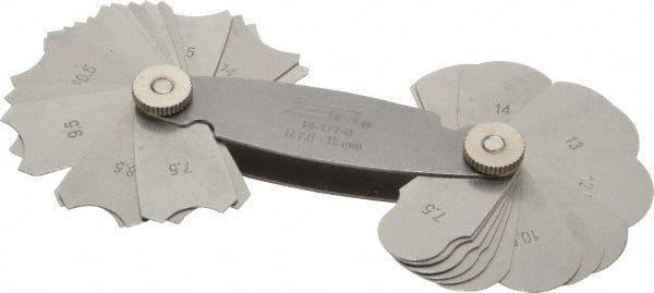 SPI - 32 Piece, 7.5 to 15 mm Radius, Stainless Steel Radius Gage Set - Style B, 0.5 mm Graduation - Exact Tooling