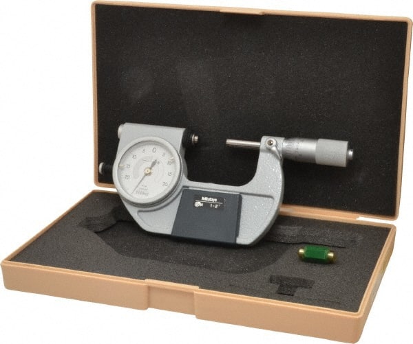 Mitutoyo - 1 to 2 Inch Range, 0.0001 Inch Graduation, Mechanical Indicating Micrometer - Accurate to 0.0001 Inch, Carbide-Tipped Measuring Face, Includes Fitted Plastic Case - Exact Tooling