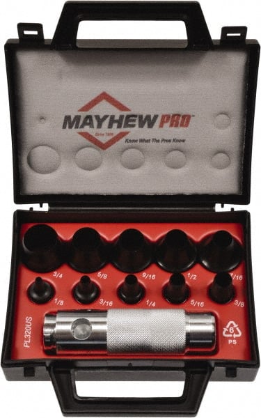 Mayhew - 11 Piece, 1/8 to 3/4", Hollow Punch Set - Round Shank, Alloy Steel, Comes in Plastic Case - Exact Tooling