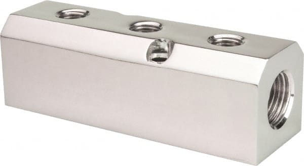 Coilhose Pneumatics - 1/2" Inlet, 1/4" Outlet Manifold - 4-3/4" Long x 1.58" Wide x 1.58" High, 0.235" Mount Hole, 2 Inlet Ports, 3 Outlet Ports - Exact Tooling