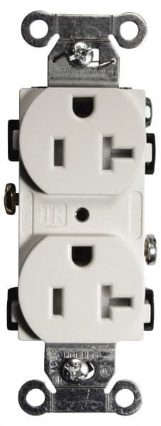 Hubbell Wiring Device-Kellems - 125 VAC, 20 Amp, 5-20R NEMA Configuration, White, Specification Grade, Self Grounding Duplex Receptacle - 1 Phase, 2 Poles, 3 Wire, Flush Mount, Tamper Resistant - Exact Tooling