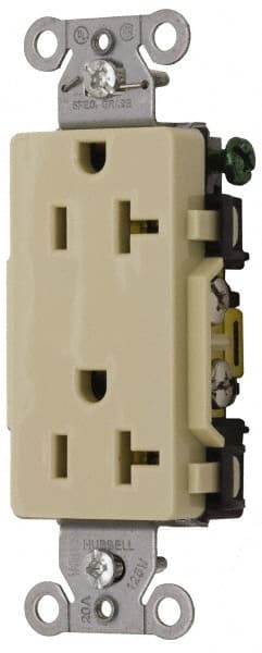 Hubbell Wiring Device-Kellems - 125 VAC, 20 Amp, 5-20R NEMA Configuration, Ivory, Specification Grade, Self Grounding Duplex Receptacle - 1 Phase, 2 Poles, 3 Wire, Flush Mount - Exact Tooling