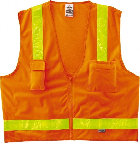 Ergodyne - Size 2X/3XL High Visibility Orange Mesh/Solid Surveyor's Vest - 52 to 58" Chest, ANSI/ISEA 107, Zipper Closure, 6 Pockets, Polyester - Exact Tooling
