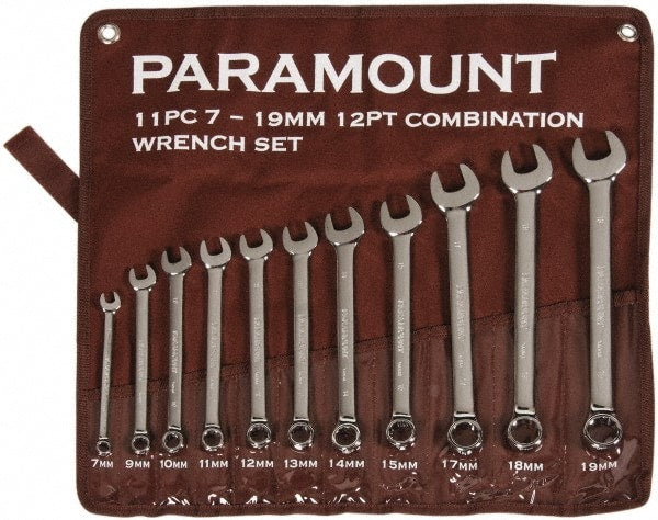 Paramount - 11 Piece, 7mm to 19mm, 12 Point Combination Wrench Set - Metric Measurement Standard, Full Polish Chrome Finish, Comes in Canvas Roll - Exact Tooling