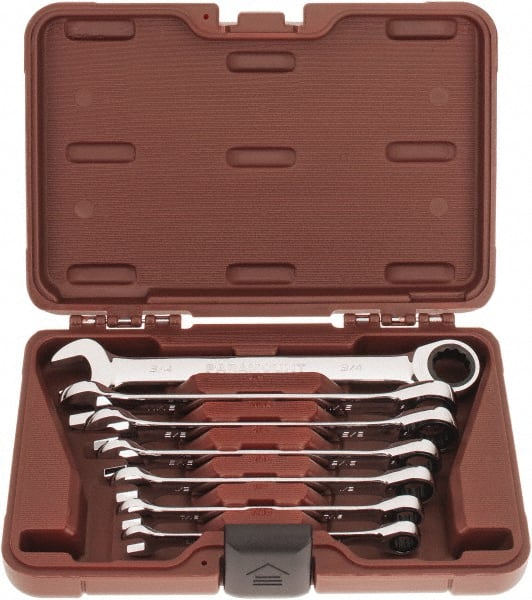 Paramount - 7 Piece, 3/8" to 3/4", Ratcheting Combination Wrench Set - Inch Measurement Standard, Full Polish Chrome Finish, Comes in Blow Molded Case - Exact Tooling