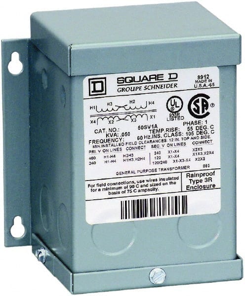 Square D - 1 Phase, 240 x 480 Volt Input, 120/240 Volt Output, 0.5 kVA, General Purpose Transformer - 3R NEMA Rating, 176°F Temp Rise, Indoor, Outdoor - Exact Tooling