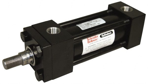 Schrader Bellows - 1-1/2" Bore, 5/8" Rod Diam, Double Acting NFPA Tie Rod Cylinder - 1" Stroke Length, 7/16-20 Rod Thread, 7-3/8" OAL, Prepared for Bolt on Mount - Exact Tooling