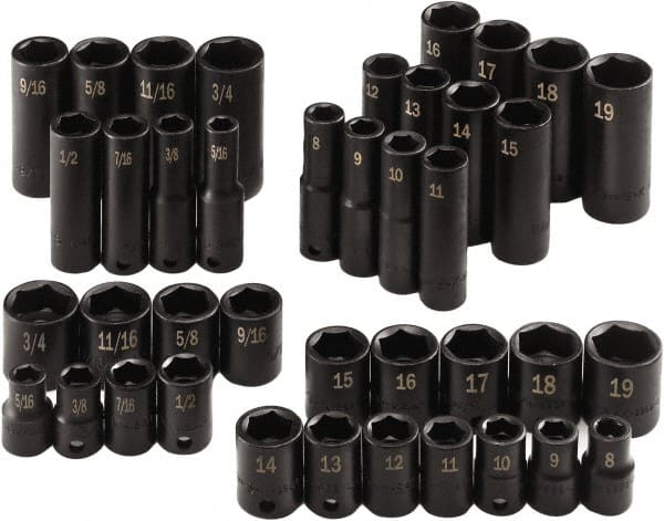 SK - 40 Piece 3/8" Drive Standard Socket Set - 6 Points, 5/16 to 3/4", 8 to 19mm, Inch/Metric Measurement Standard - Exact Tooling