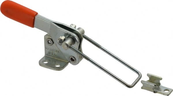 Lapeer - 500 Lb Capacity, Vertical, U Hook, Flanged Base, Carbon Steel Pull Action Latch Clamp - 1-1/2" Drawing Movement, 3-1/8" OAL, Straight Handle - Exact Tooling