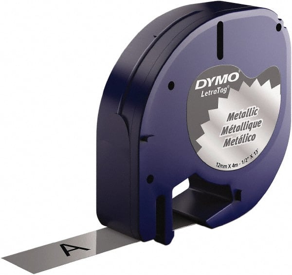 Dymo - 1/2" Wide x 156" Long, Black on Silver Metallic Tape - For DYMO Letratag Printers - Exact Tooling