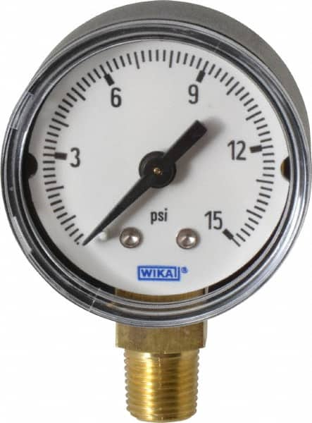 Wika - 1-1/2" Dial, 1/8 Thread, 0-15 Scale Range, Pressure Gauge - Lower Connection Mount, Accurate to 3-2-3% of Scale - Exact Tooling