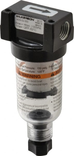 Wilkerson - 1/4" Port Coalescing Filter - Polycarbonate Bowl, Manual Drain, 150 Max psi, 1.69" Wide x 4.21" High - Exact Tooling