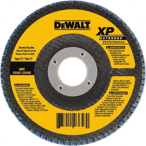 DeWALT - 120 Grit, 4-1/2" Disc Diam, 5/8-11 Center Hole, Type 29 Zirconia Alumina Flap Disc - 13,300 Max RPM, Poly Cotton Backing, Arbor Attaching System, Coated - Exact Tooling