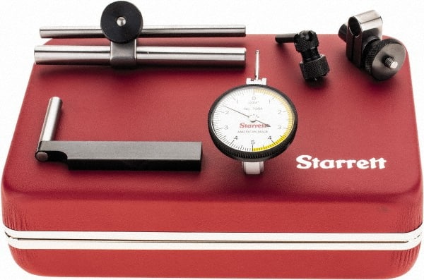 Starrett - 7 Piece, 0" to 0.01" Measuring Range, 1-3/8" Dial Diam, 0-5-0 Dial Reading, White Dial Test Indicator Kit - 13/16" Contact Point Length, 2mm Ball Diam, 0.0001" Dial Graduation - Exact Tooling