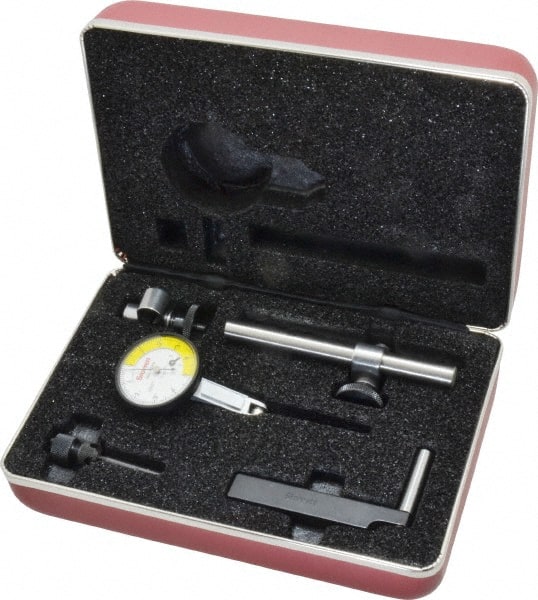 Starrett - 7 Piece, 0" to 0.02" Measuring Range, 1-3/8" Dial Diam, 0-5-0 Dial Reading, White Dial Test Indicator Kit - 13/16" Contact Point Length, 2mm Ball Diam, 0.0001" Dial Graduation - Exact Tooling
