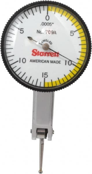 Starrett - 0.03 Inch Range, 0.0005 Inch Dial Graduation, Horizontal Dial Test Indicator - 1-3/8 Inch White Dial, 0-15-0 Dial Reading - Exact Tooling