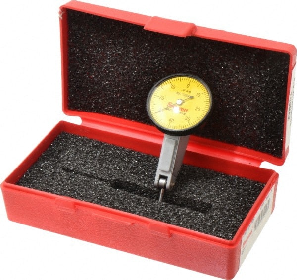 Starrett - 0.8 mm Range, 0.01 mm Dial Graduation, Horizontal Dial Test Indicator - 1-3/8 Inch Yellow Dial, 0-40-0 Dial Reading - Exact Tooling