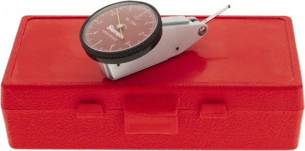 Starrett - 0.01 Inch Range, 0.0001 Inch Dial Graduation, Horizontal Dial Test Indicator - 1-3/8 Inch Red Dial, 0-5-0 Dial Reading - Exact Tooling