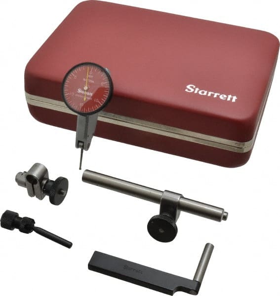 Starrett - 7 Piece, 0" to 0.03" Measuring Range, 1-3/8" Dial Diam, 0-15-0 Dial Reading, Red Dial Test Indicator Kit - 13/16" Contact Point Length, 2mm Ball Diam, 0.0005" Dial Graduation - Exact Tooling