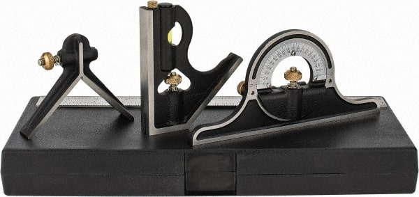 Starrett - 4 Piece, 12" Combination Square Set - 1/16, 1/32, 1/64 & 1/8" (4R) Graduation, Hardened Steel Blade, Cast Iron Center, Protractor & Square Head - Exact Tooling