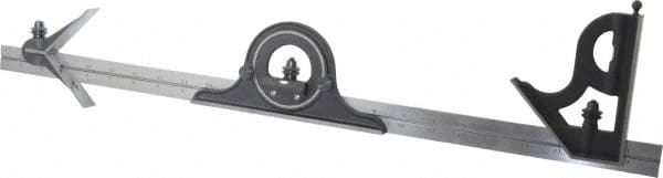 Starrett - 4 Piece, 24" Combination Square Set - 1/16, 1/32, 1/64 & 1/8" (4R) Graduation, Steel Blade, Cast Iron Center, Protractor & Square Head - Exact Tooling