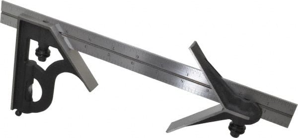 Starrett - 3 Piece, 12" Combination Square Set - 1/16, 1/32, 1/64 & 1/8" (4R) Graduation, Steel Blade, Cast Iron Center & Square Head - Exact Tooling