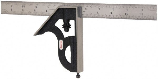 Starrett - 2 Piece, 12" Combination Square Set - 1/100, 1/32, 1/50 & 1/64" (16R) Graduation, Steel Blade, Cast Iron Square Head - Exact Tooling