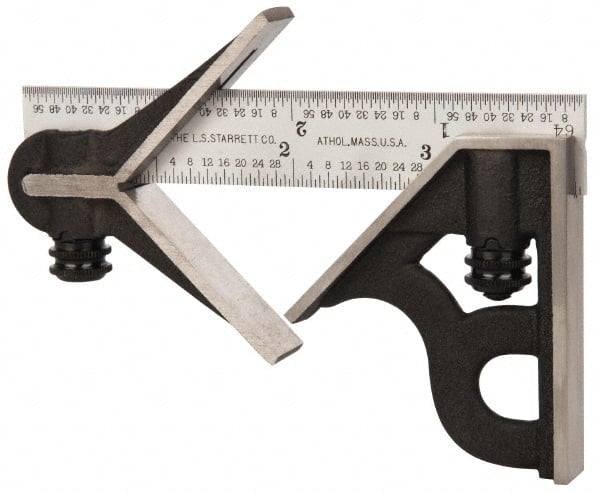 Starrett - 3 Piece, 4" Combination Square Set - 1/16, 1/32, 1/64 & 1/8" (4R) Graduation, Steel Blade, Cast Iron Center & Square Head - Exact Tooling