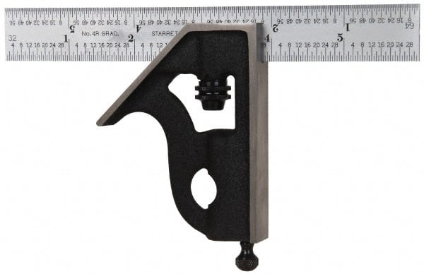 Starrett - 2 Piece, 6" Combination Square Set - 1/16, 1/32, 1/64 & 1/8" (4R) Graduation, Steel Blade, Cast Iron Square Head - Exact Tooling