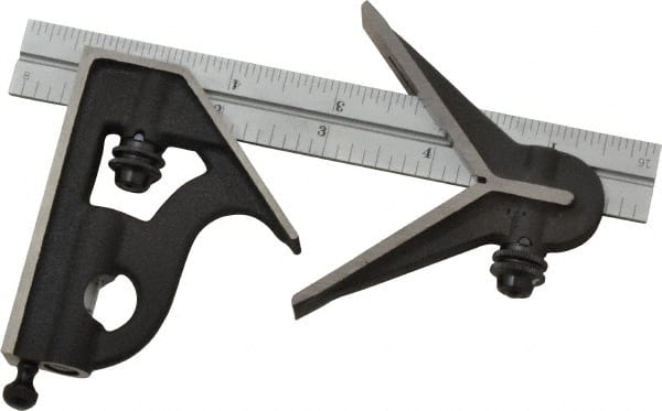 Starrett - 3 Piece, 6" Combination Square Set - 1/16, 1/32, 1/64 & 1/8" (4R) Graduation, Steel Blade, Cast Iron Center & Square Head - Exact Tooling