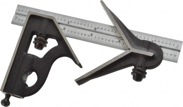 Starrett - 3 Piece, 6" Combination Square Set - 1/100, 1/32, 1/50 & 1/64" (16R) Graduation, Steel Blade, Cast Iron Center & Square Head - Exact Tooling