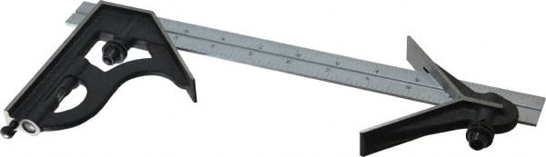 Starrett - 3 Piece, 12" Combination Square Set - 1/16, 1/32, 1/64 & 1/8" (4R) Graduation, Steel Blade, Cast Iron Center & Square Head - Exact Tooling