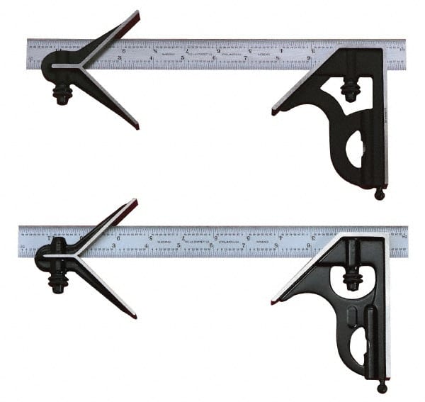 Starrett - 3 Piece, 24" Combination Square Set - 1/100, 1/32, 1/50 & 1/64" (16R) Graduation, Steel Blade, Cast Iron Center & Square Head - Exact Tooling