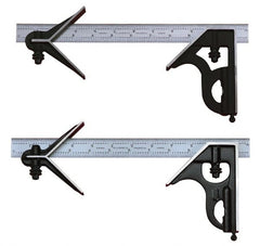 Starrett - 3 Piece, 24" Combination Square Set - 1/100, 1/32, 1/50 & 1/64" (16R) Graduation, Steel Blade, Cast Iron Center & Square Head - Exact Tooling