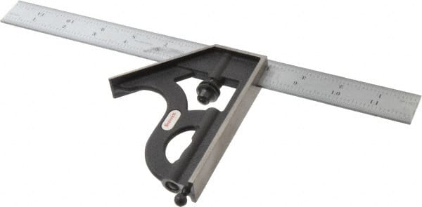 Starrett - 2 Piece, 12" Combination Square Set - 1/100, 1/32, 1/50 & 1/64" (16R) Graduation, Steel Blade, Cast Iron Square Head - Exact Tooling
