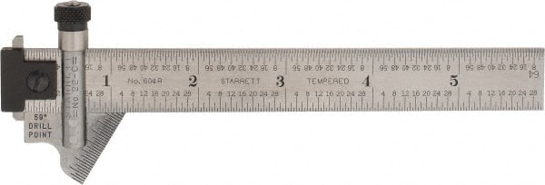 Starrett - 6 Inch Long, 59° Bevel Angle, Ruler Drill Point Gage - 1/32 Inch Bevel x 1/64 to 1/8 Ruler Graduation, Removable and Adjustable Ruler Hook, Depth Gage, Hook Rule, Plain Rule, Slide Caliper Function, Use with Rules 18.7mm Wide by 3/64 Inch Thick - Exact Tooling