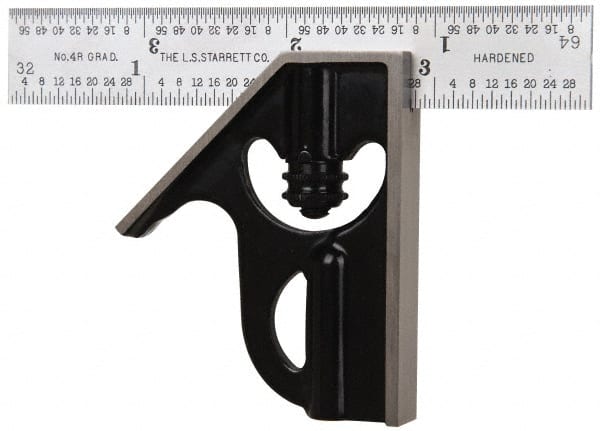 Starrett - 2 Piece, 4" Combination Square Set - 1/16, 1/32, 1/64 & 1/8" (4R) Graduation, Steel Blade, Forged Steel Square Head - Exact Tooling