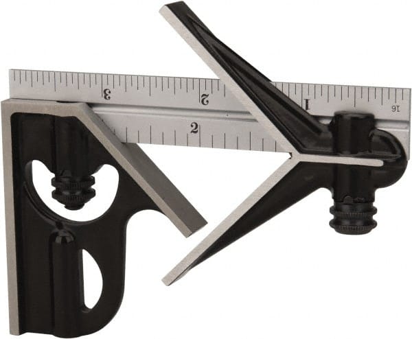 Starrett - 3 Piece, 4" Combination Square Set - 1/16, 1/32, 1/64 & 1/8" (4R) Graduation, Steel Blade, Forged Steel Center & Square Head - Exact Tooling