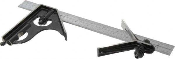 Starrett - 3 Piece, 12" Combination Square Set - 1/100, 1/32, 1/50 & 1/64" (16R) Graduation, Steel Blade, Forged Steel Center & Square Head - Exact Tooling