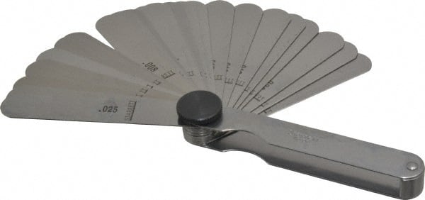Starrett - 26 Piece, 0.0015 to 0.025" Thick, Parallel Feeler Gage Set - 3-1/32" Leaf Length, 1/2" Wide, Tempered Steel - Exact Tooling