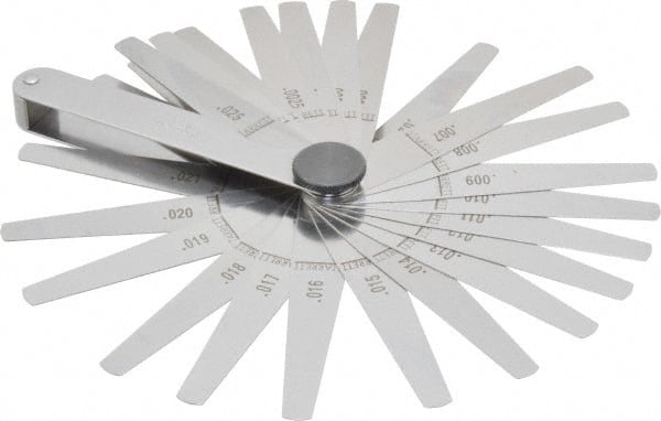 Starrett - 26 Piece, 0.0015 to 0.025" Thick, Tapered Feeler Gage Set - 3-1/32" Leaf Length, 1/4 to 1/2" (Tapered) Wide, Tempered Steel - Exact Tooling