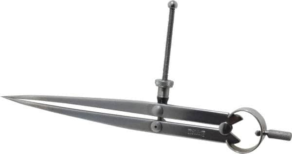 Starrett - 8 Inch Leg, Spring Joint, Steel, Polished, Divider - 8 Inch Max Measurement, 200mm Max Measurement, Flat Leg with Quick Nut Adjustment - Exact Tooling