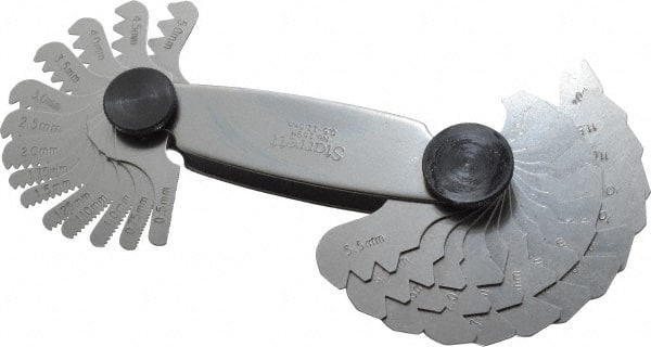 Starrett - 28 Leaf, 0.5 to 11.5mm Pitch Range, Steel Screw Pitch Gage - 60° Thread Angle - Exact Tooling